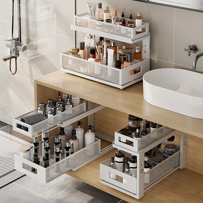 2 Pack 18.5IN-Depth Under Sink Organizer With Next-Gen Ball-Bearing Slides,2-Tier Pull Out Cabinet Storage,Height Adjustable Drawer Shelf for Bathroom,Kitchen,Laundry,Cabinet,Pantry-White