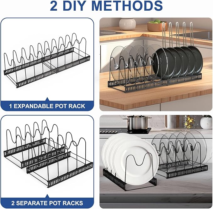 JOYART Pot and Pan Organizer, Expandable Pot Lid Organizer with 10 Adjustable Dividers, Cutting Board Organizer for Kitchen Cabinet Organizers and Storage, Black
