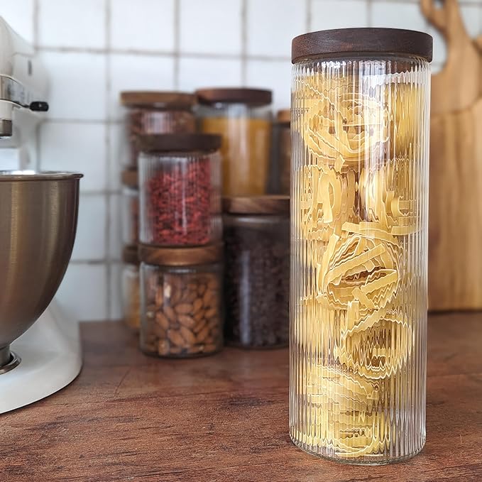 Mason & Fable Ribbed Glass Canisters or Spaghetti Jars with Airtight Wood Lid- Tall Storage Containers for Pasta, Cereal or Flour -Ideal for Kitchen/Pantry Organization - 60 fl.oz, Set of 2