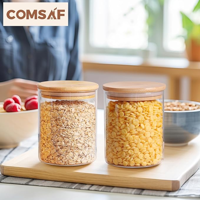ComSaf 25oz Glass Food Storage Jars Set of 6, Clear Glass Storage Containers with Lids, Pantry Organization Jar, Spice Jar, Blooming Tea, Coffee and Sugar Container, Small Canister Set for Kitchen