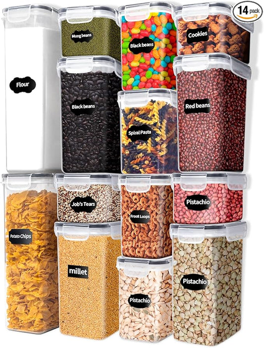 Airtight Food Storage Containers with Lids, 14 Pcs BPA Free Plastic Dry Food Canisters for Kitchen Pantry Organization and Storage for Cereal, Dishwasher safe,Include 20 Labels and Marker, Black