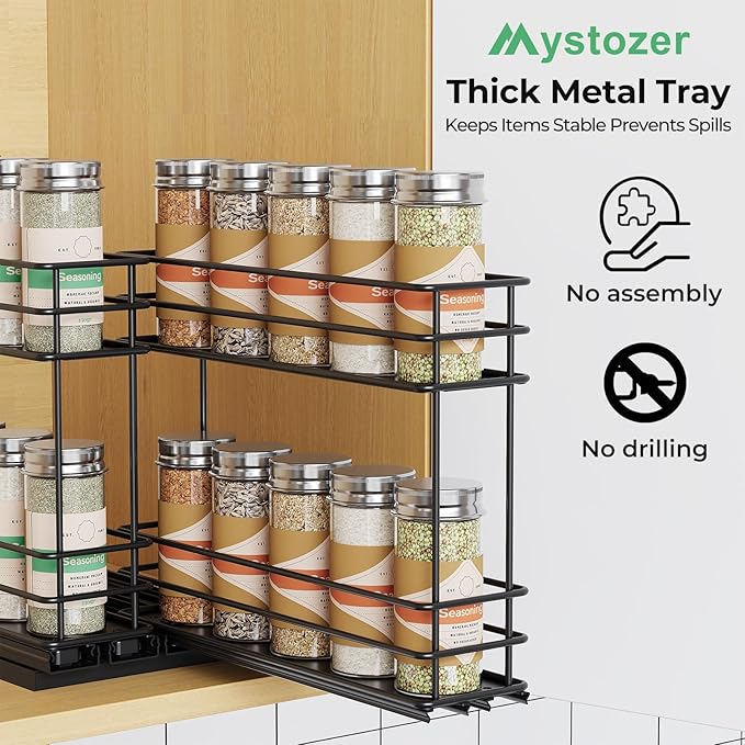 Pull Out Spice Rack Organizer for Cabinet, Slide Out Spice Racks, Easy to Install Spice Cabinet Organizer, 2.75''Wx10.35''Dx8.26''H, 2 Drawers 2 Tiers(Black