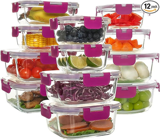 C CREST 12 Piece Meal Prep Glass Containers Set with Lids, Ideal for Food Storage and Freshness, Assorted Sizes and Shapes for Ultimate Organization