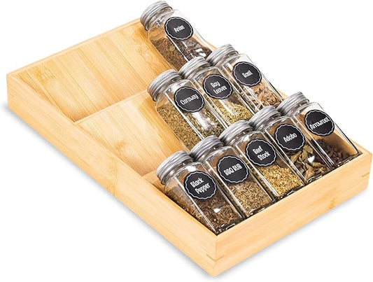 Bamboo Spice Rack Organizer for Drawer 3 Tier Bamboo Spice Tray Cabinet for Kitchen Storage and Organizer (Pre-Measure Your Drawer)(1 Pack, Drawer)