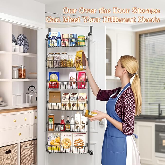 Over The Door Pantry Organizers and Storage, 6-Tier Spice Rack, Home & Kitchen Storage Shelves for Cabinet, Large Capacity Hanging Seasoning Organizer, Laundry Room Organization, Black