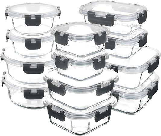 C CREST Food Storage Glass Containers Set of 12 with Locking Lids, Multi-Size, Airtight Seal for Freshness, Perfect for Meal Prep and Storage