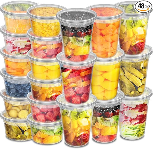 Deli Containers with Lids 48-Pack (16, 32 oz - 24 Sets Each Size) Food Storage Containers with Lids for Meal Prep, Microwave and Freezer Safe, Stackable, Leakproof, BPA Free
