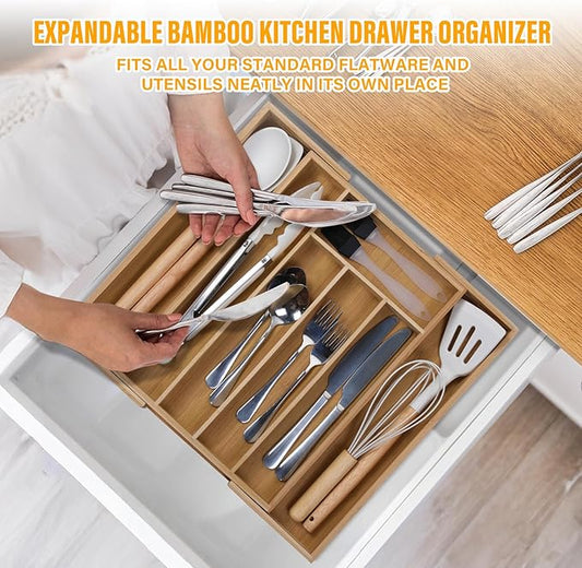 Expandable Silverware Organizer Utensil Drawer Organizer,14 Inch Silverware Tray for Kitchen Drawer,Bamboo Flatware Tableware Cultery Caddy Tray Home Essentials Utensils Holder，15"D x 14"W x 2"H
