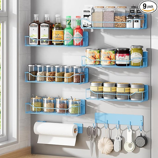 Magnetic Spice Rack for Refrigerator, 9 Pack Magnetic Fridge Shelves W/Adjustable Paper Towel Holder, Hook Rack, Moveable Spice Organizer Shelf for Kitchen Organization and Storage (Blue)