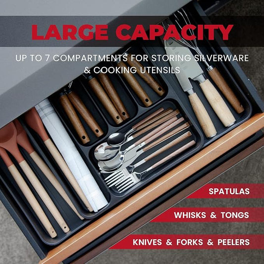 CARTMAN Silverware Drawer Organizer Expandable Utensil Tray for kitchen drawer Flatware and Cutlery Holder Adjustable Plastic Storage for Spoons Forks Knives Large DarkGrey