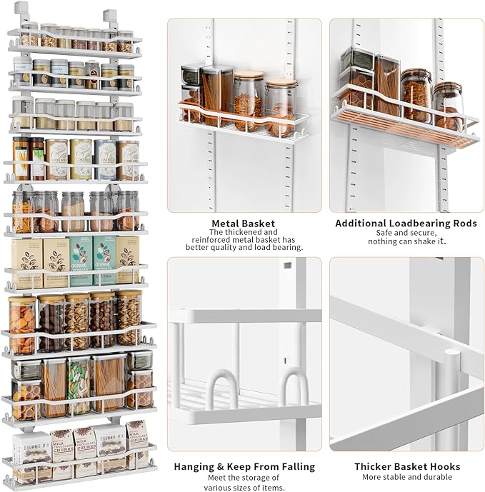 Over The Door Pantry Organizer, 9-Tier Over The Door Organizer with Adjustable Baskets, Metal Hanging Spice Rack for Pantry Organizers and Storage, Suitable for Kitchen Laundry Room & Bathroom, White