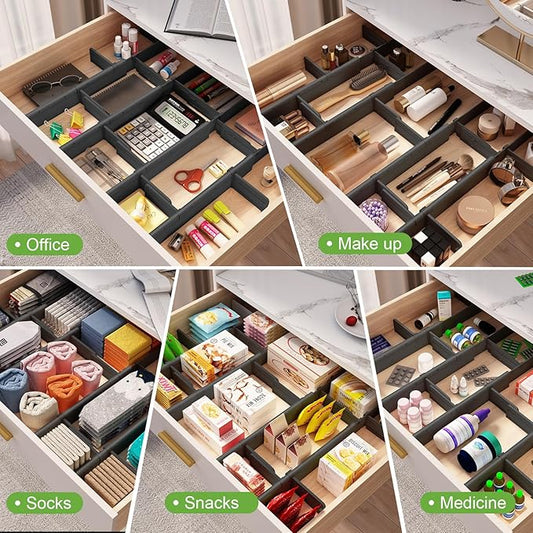 HiYZ Expandable Drawer Dividers with Inserts, Large Kitchen Utensils Drawers Divider, 2.36" High Adjustable Drawer Organizers Separators for Clothing, Kitchen Utensils, 8 Dividers with 16 Inserts