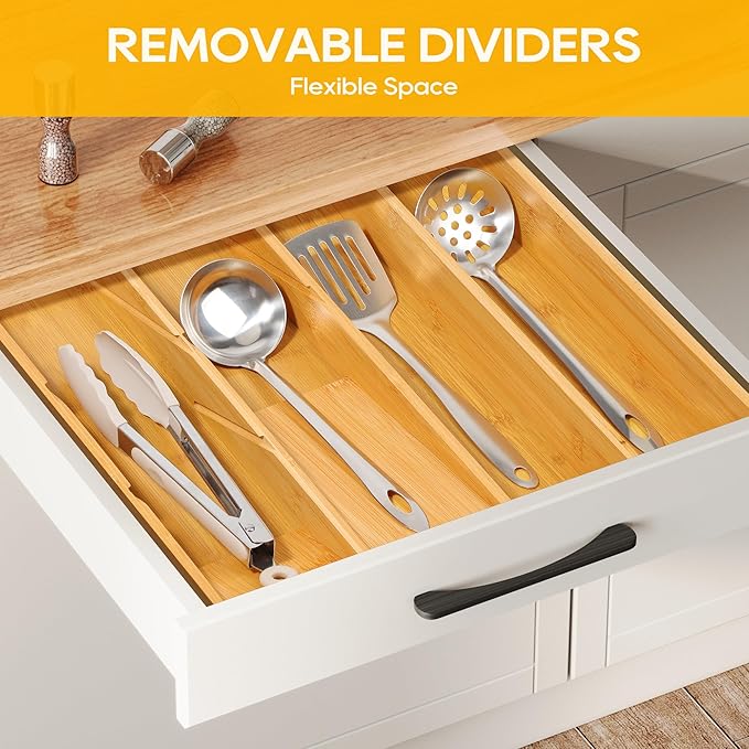 Bamboo Silverware Drawer Organizer Tray, Removable Dividers and Expandable Kitchen Utensil Tray for Different Dimension Flatware, Spoons, Forks, Knives (Natural,7 Slots)