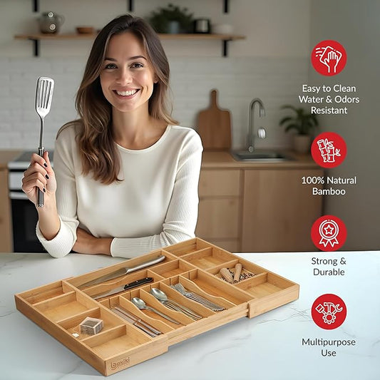 Luxury Bamboo Kitchen Drawer Organizer - Silverware Organizer - Utensil Holder, Spice Rack and Cutlery Tray with Grooved Drawer Dividers for Flatware and Kitchen Utensils (16 Slots)