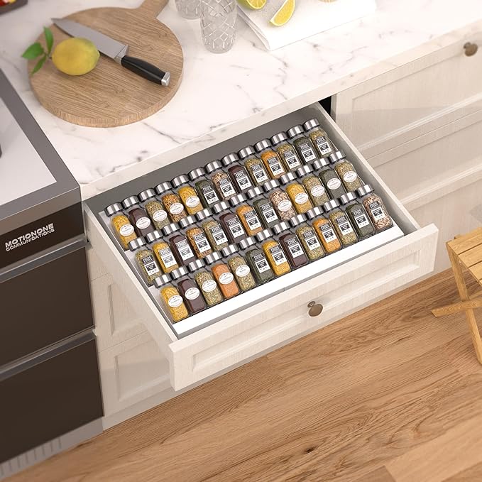 Expandable Metal Spice Drawer Organizer,3-Tier Slanted Seasoning Jars Tray for Kitchen Cabinet Drawers Insert/Countertop (Jars not included)-3Tier,2packs/White