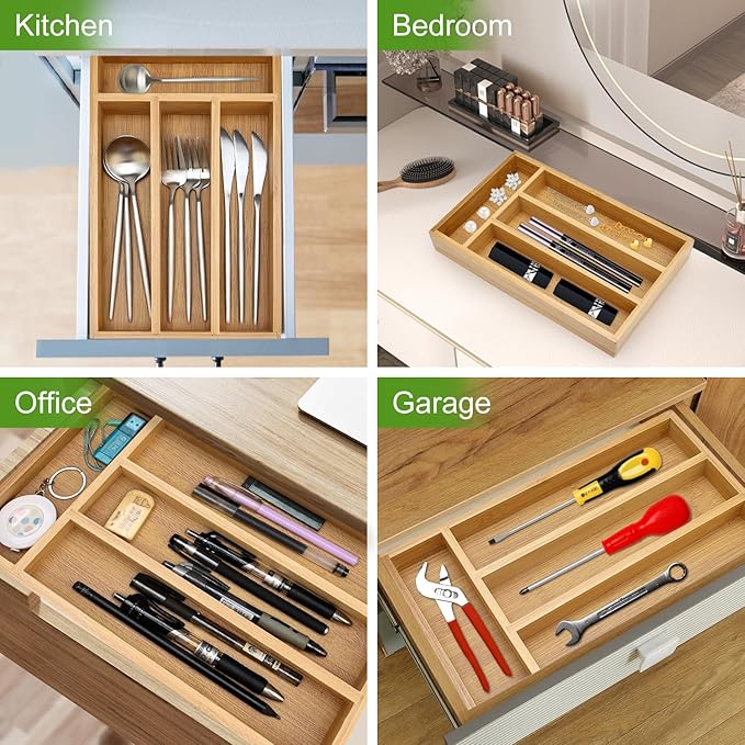 Bamboo Silverware Drawer Organizer Small Cutlery Tray Wooden Kitchen Utensil Drawer Organizer Skinny Flatware Caddy Wood Utensil Holder Drawer Spoon Fork Cutlery Organizer Narrow Silverware Tray