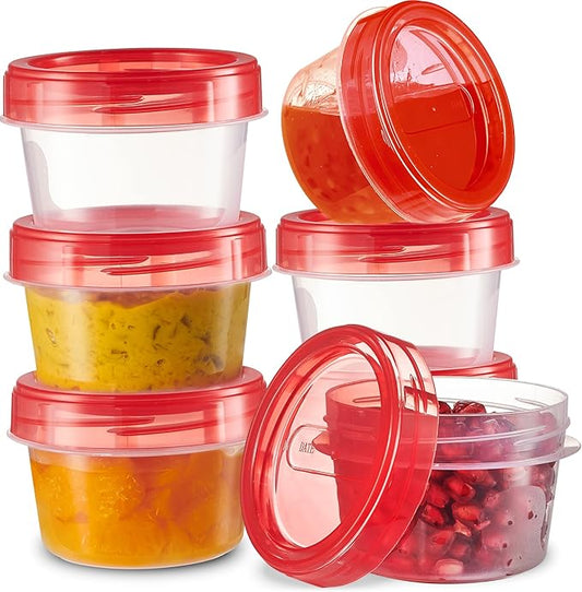 PLASTICPRO 12 Pack Twist Cap Food Storage Containers with Red Screw on Lid- 4 oz Reusable Meal Prep Containers - Small Freezer Containers Microwave Safe Red Plastic Food Storage