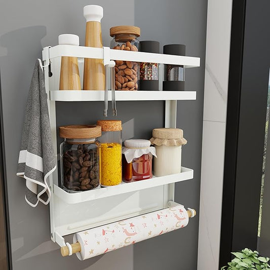 Magnetic Spice Rack 2-Tier Refrigerator Storage Organizer with Removable Paper Towel Holder - White
