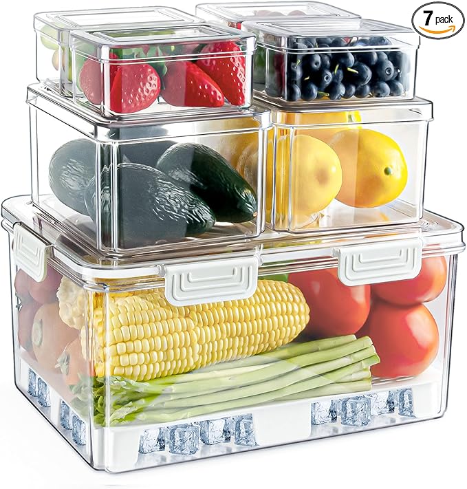 7 Pack Fresh Food Storage Containers, Produce Saver Box with Drain Baskets & Lid, Reusable Fridge Organizer, BPA-Free Airtight Fruit Organizer for Refrigerator, Stackable Plastic Fruit Veggie Saver