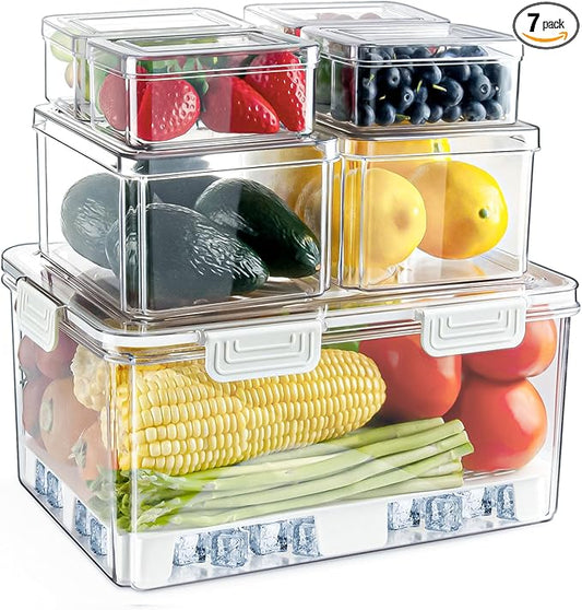 7 Pack Fresh Food Storage Containers, Produce Saver Box with Drain Baskets & Lid, Reusable Fridge Organizer, BPA-Free Airtight Fruit Organizer for Refrigerator, Stackable Plastic Fruit Veggie Saver