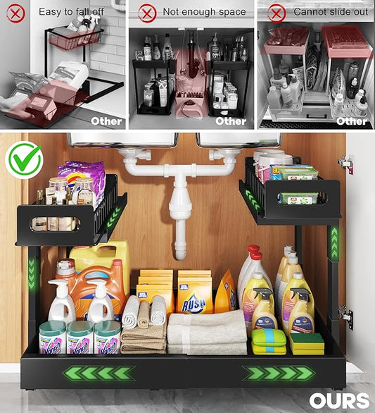 1 Pack Expandable Under Sink Organizers And Storage With Upgrade Ball-Bearing Slide Tracks,2-Tier Pull Out Under Cabinet Organizer Height Adjustable,Slide Out Under Sink Drawers-Black(Patent Pending)