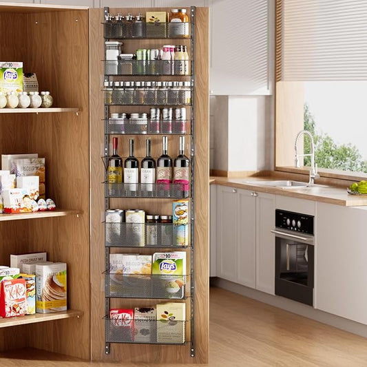 Over The Door Pantry Organizer, 8-Tier Pantry Door Organizer Shelves, Metal Hanging & Wall Mount Spice Rack Organizer, Pantry Door Organization for Pantry Kitchen Storage Room Spice Rack