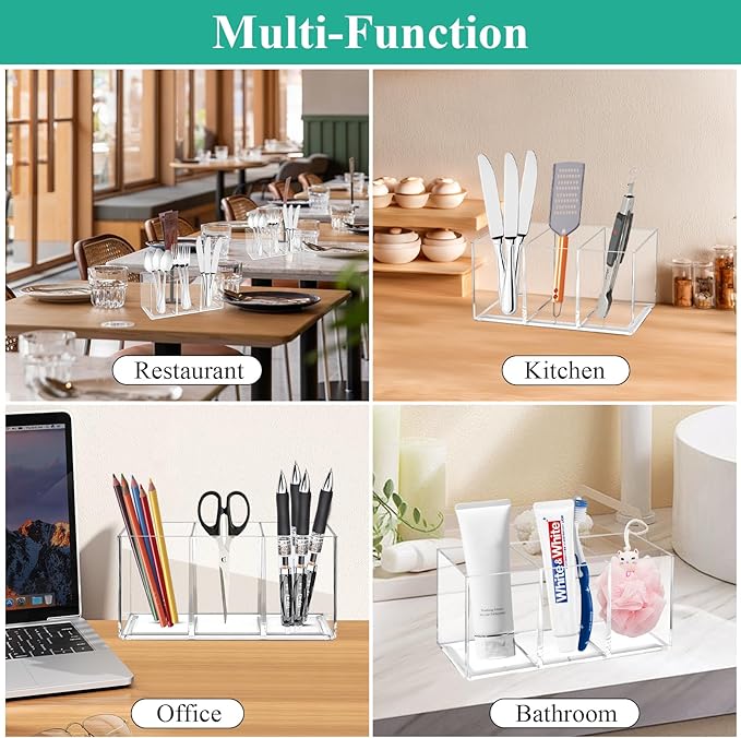 3 Pcs Acrylic Cutlery Storage Organizer, Clear Plastic Cutlery Utensil Holder for Kitchen Countertop, 3 Section Silverware Tableware Storage Box for Fork, Knife, Spoon Straws and Napkins