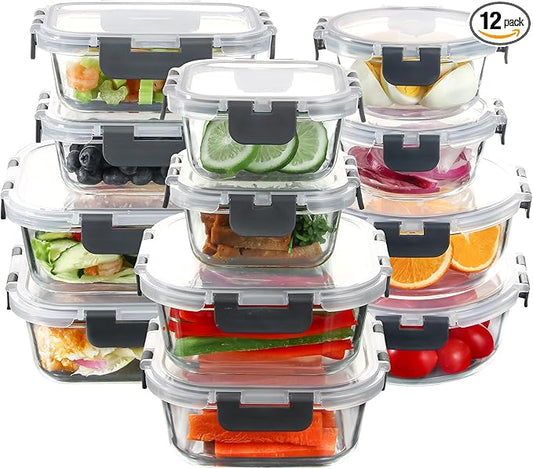 C CREST Food Storage Glass Containers Set of 12 with Locking Lids, Multi-Size, Airtight Seal for Freshness, Perfect for Meal Prep and Storage