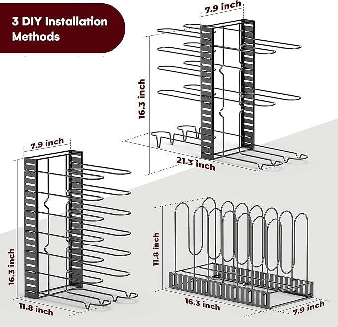 Vdomus Pot Rack Organizer with 3 DIY Methods, Black Metal Kitchen 8+ Pots Holder, Height and Position are Adjustable Cabinet Pantry Pot Lid Holder (Upgraded)