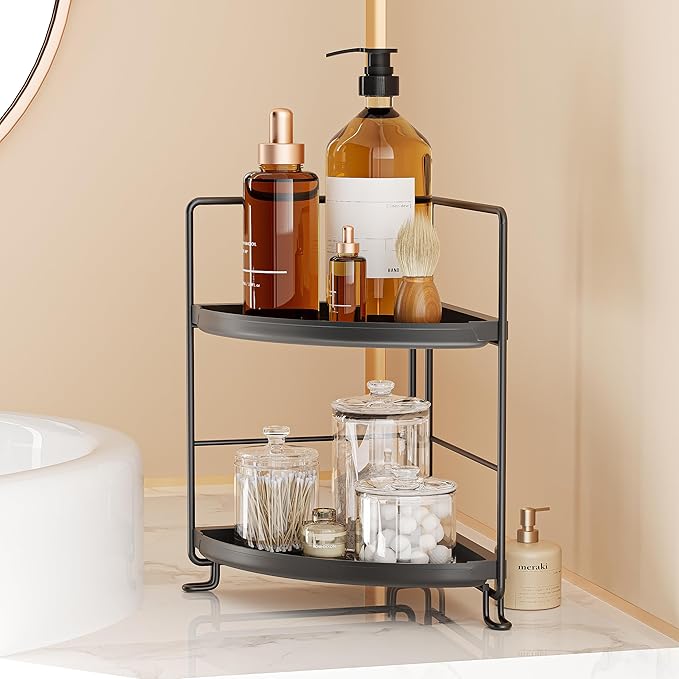 2 Tier Corner Bathroom Countertop Organizer, Tool-Less Installation Vanity Tray for Skincare Makeup Perfume Organizer, Small Plastics Counter Bathroom Storage and Organization (Black)