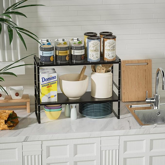 Cabinet Organizer Shelf Expandable in Cabinet Storage Shelf Kitchen Cupboard Organizer Stackable Spice Rack Kitchen Pantry Countertop Storage,8.07" D,Black