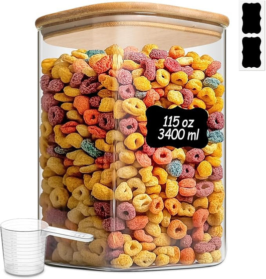 ComSaf 115 oz Glass Food Storage Containers, Cereal Storage Containers with Airtight Lids, Large Square Glass Jars with Bamboo Lids, for Rice, Pasta, Oats, Grains, Coffee Beans