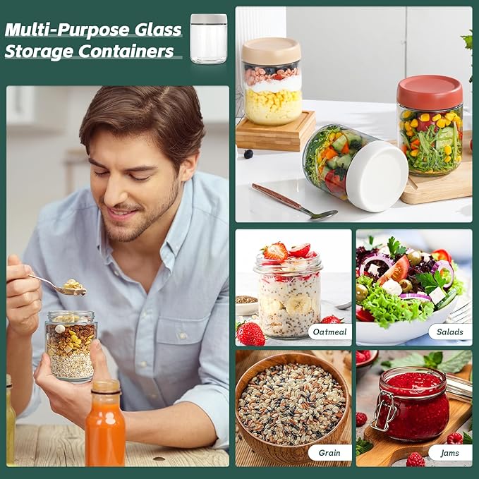 DIMBRAH Overnight Oats Containers with Lids, Mason Jars 16 oz with Lids - Set Of 4, Glass Jar with Lid, Practical Oatmeal Container to Go, Chia Seed Pudding Jars