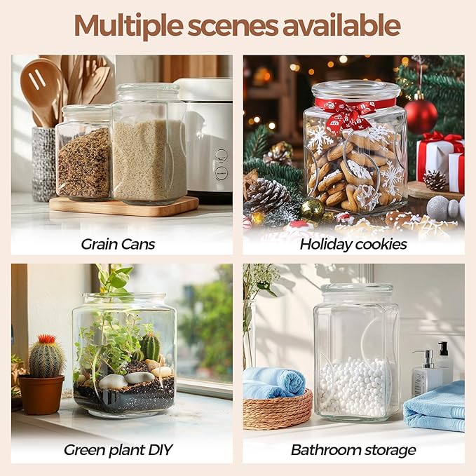 ComSaf Glass Jars with Lids 64oz, Large Glass Storage Containers with Lids, Flour Sugar Storage Containers, Half Gallon Jars for Kitchen Storage and Laundry Room Organization, Set of 2