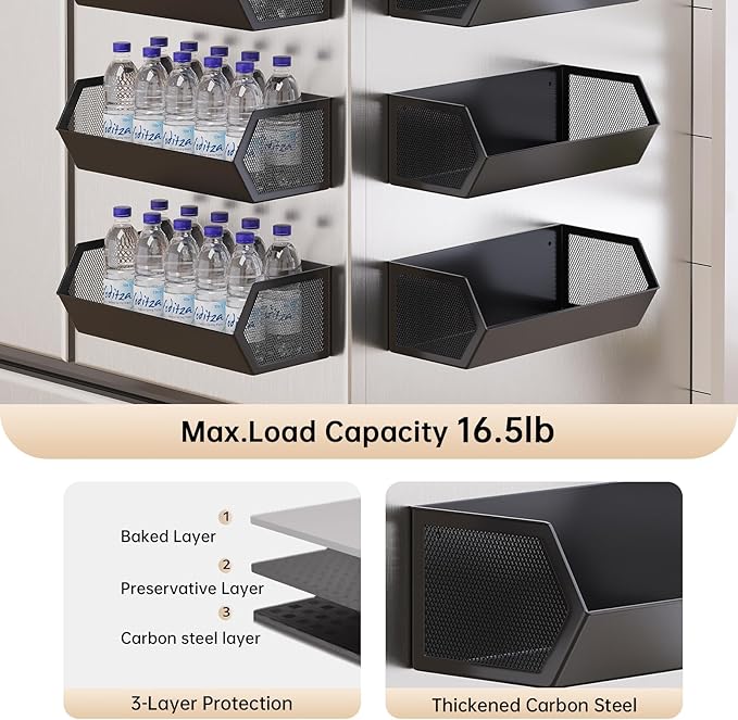 Magnetic Fruit Basket for Fridge, Magnetic Spice Rack for Refrigerator, Seasoning Organizer, Kitchen Gadgets, Refrigerator Organizers and Storage, Metal, 1 Pack (Black, Large)