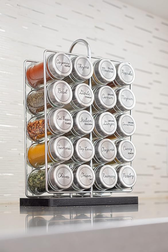 Orii 20 Jar Spice Rack Stainless Steel with Spices Included - Standing Rack Shelf Holder & Countertop Spice Rack Tower Organizer for Kitchen Spices with Spice Refills for 5 Years