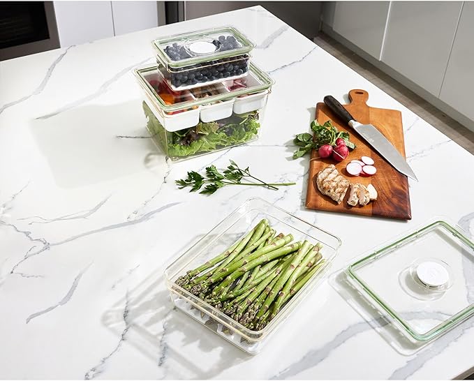 IDESIGN Large Short Produce Storage Bin with Insert Tray, The Fresh Collection – 7.85” L x 10.5” W x 3” H, Clear Bin