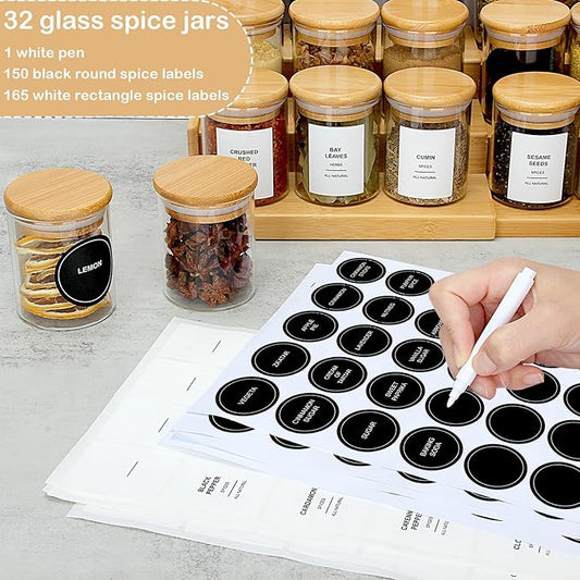 4OZ Glass Spice Jars with Bamboo Lids and 315 Labels, 10 Pcs Clear Food Storage Containers for Kitchen Sugar Salt Coffee Tea Beans