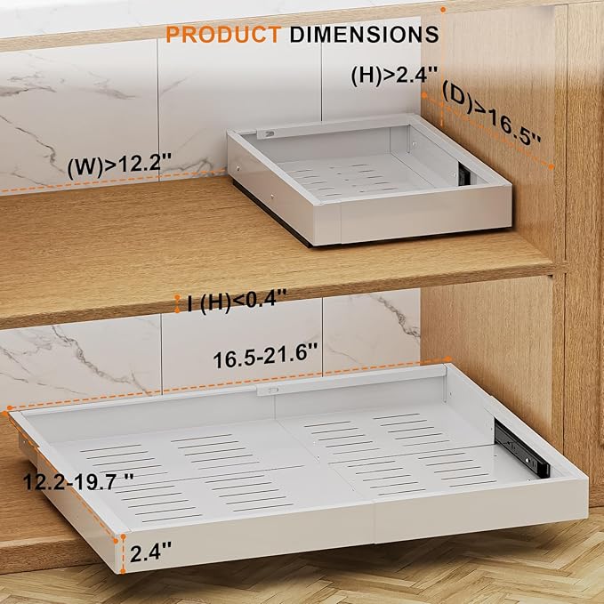 Expandable Pull Out Cabinet Organizer with Depth(16"-22") and Width(12 "-20"), Adhesive Slide out Drawers for Pots, Spice, Pantry Storage, Adjustable Roll out Shelves for Kitchen, White