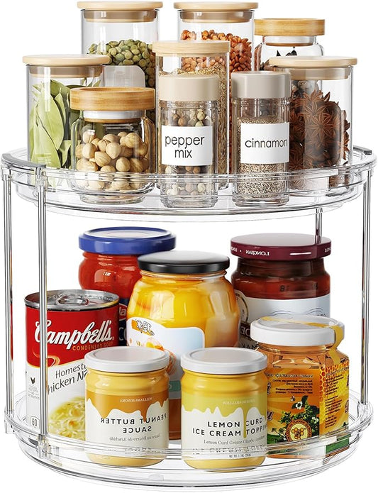 2 Tier Lazy Susan Organizer, 9.25'' Lazy Susan Turntable for Cabinet, Stackable Turntable Organizer Rotating Spice Rack Organization for Kitchen Countertop, Pantry, Bathroom, Clear