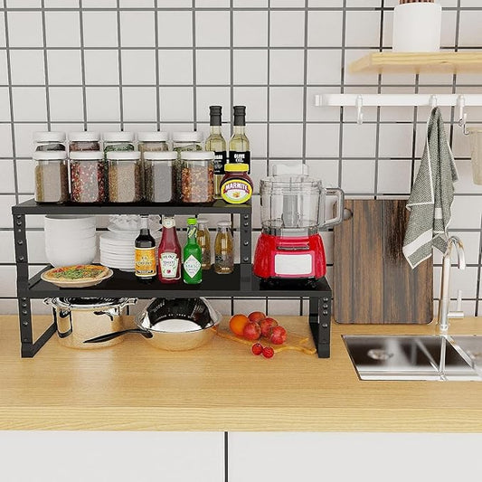 Expandable Cabinet Shelf Organizer Storage Spice Rack Shelves for Kitchen Stackable Adjustable Pantry Cupboard Bathroom Countertop Desktop(2Packs/Black/Large)