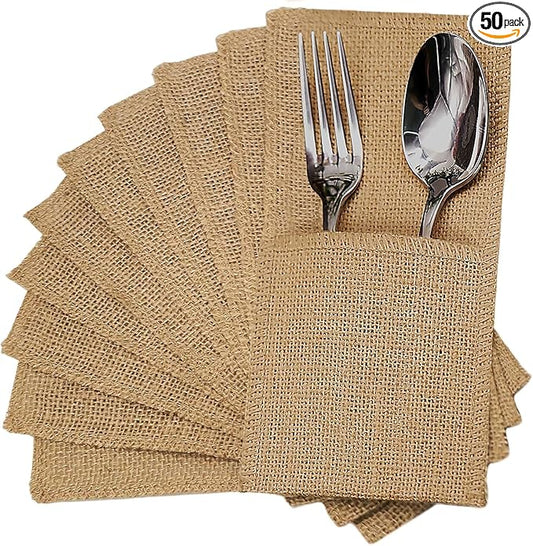 FQTANJU 50 Pcs Burlap Utensils Holders, 4"x8.8" Natural Jute Cutlery Pouch Silverware Holder Knives Forks Spoon Napkin Bag for Rustic Wedding Party Decorations favors
