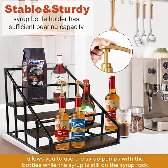 Coffee Syrup Rack Organizer,Liquor Bottle Display Shelf,Water cup display stand,Spice Rack Kitchen Cabinet Organizer,Rustic Brown,2 Packs 4 Tier 16 Bottle Coffee Syrup Holder