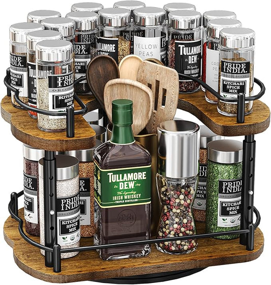 Lazy Susan Organizer Spice Rack - Height Adjustable Rotating Lazy Turntable Spice Organization for Cabinet, Pantry Kitchen Wood Revolving Seasoning Organizer, 12 inches, Black