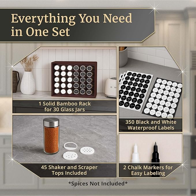 BOURBON & BARREL Wooden Spice Rack Organizer with Glass Jars | Stainless Steel Lids | Bamboo Countertop Spice Organization | 350 Waterproof Spice Labels | 2 Chalk Markers | 30 4oz Jars [Cherry]