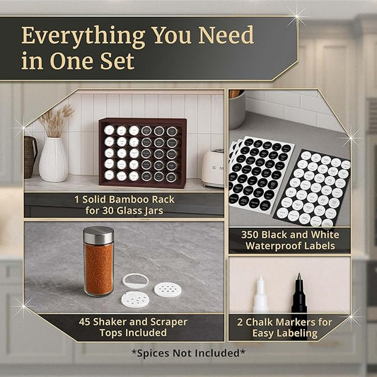 BOURBON & BARREL Wooden Spice Rack Organizer with Glass Jars | Stainless Steel Lids | Bamboo Countertop Spice Organization | 350 Waterproof Spice Labels | 2 Chalk Markers | 30 4oz Jars [Cherry]