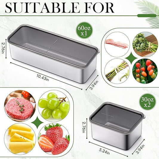 Hushee 3 Pcs Deepen Bacon Cheese Container Large Capacity 304 Stainless Steel Storage with Lids Deli Meat Container Dishwasher Safe Fridge Organizer for Fruit Lunch Storage