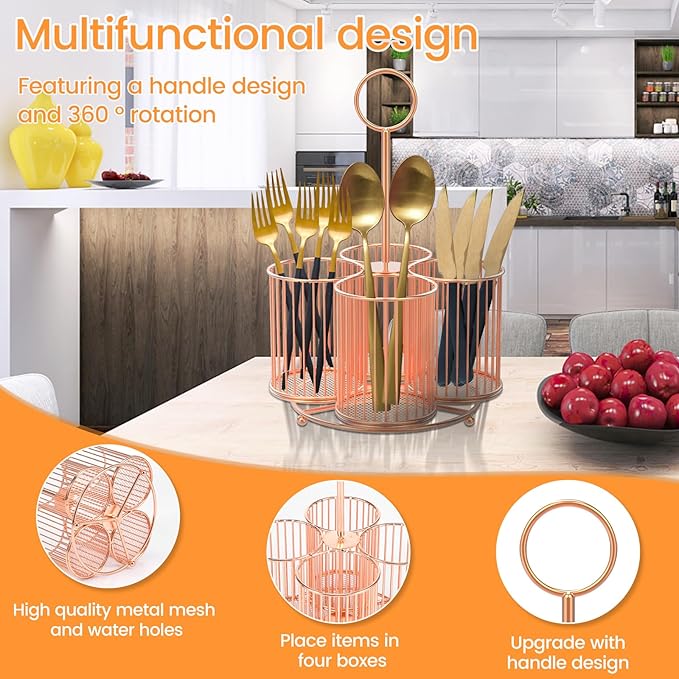 360° Rotating Utensil Caddy 4 Compartment Metal Utensil Organizer with Handle 6.3×6.3×11 Inch Kitchen Utensil Caddy Multifunctional Cutlery Storage Holder Portable Flatware Organizer for Home Party US