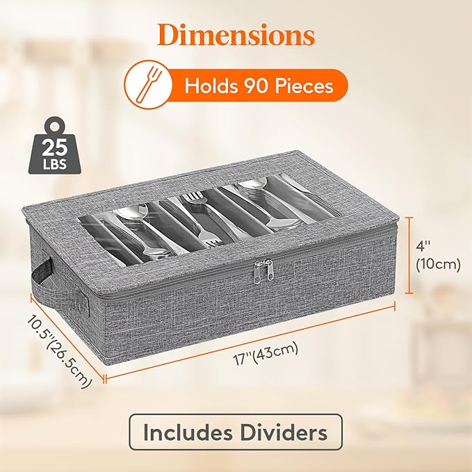 Lifewit Silverware Storage Box, Flatware Organizer with Zipper Lid, 5 Compartment Cutlery Case with Adjustable Divider and Handle, Utensil Container for Spoon Fork Knives Tableware, Gray, 1 Pack