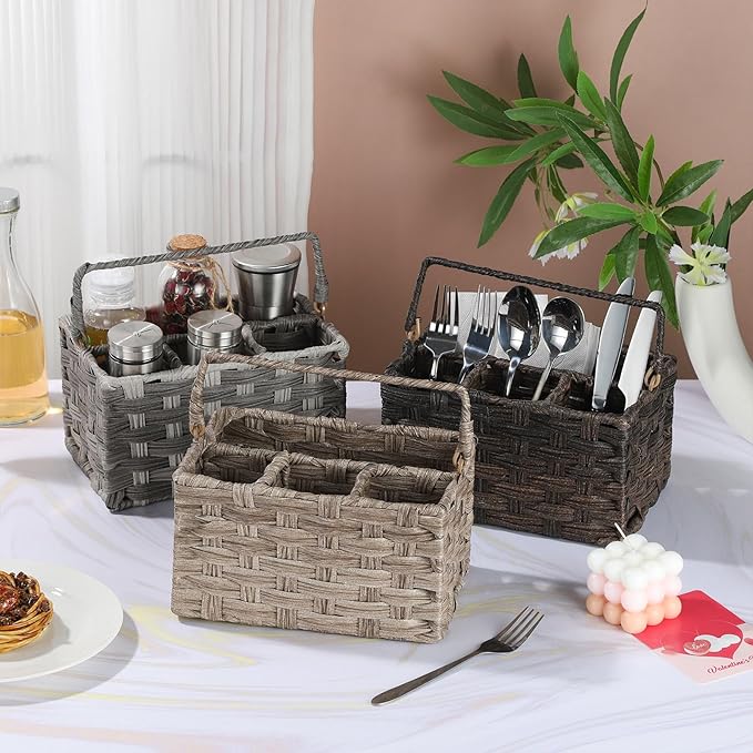 Silverware Holder for Party Plastic Utensil Holder Wicker Silverware Caddy Cutlery Holder with Handle Spoon and Fork Organizer Brown Utensil Caddy for Kitchen Counter